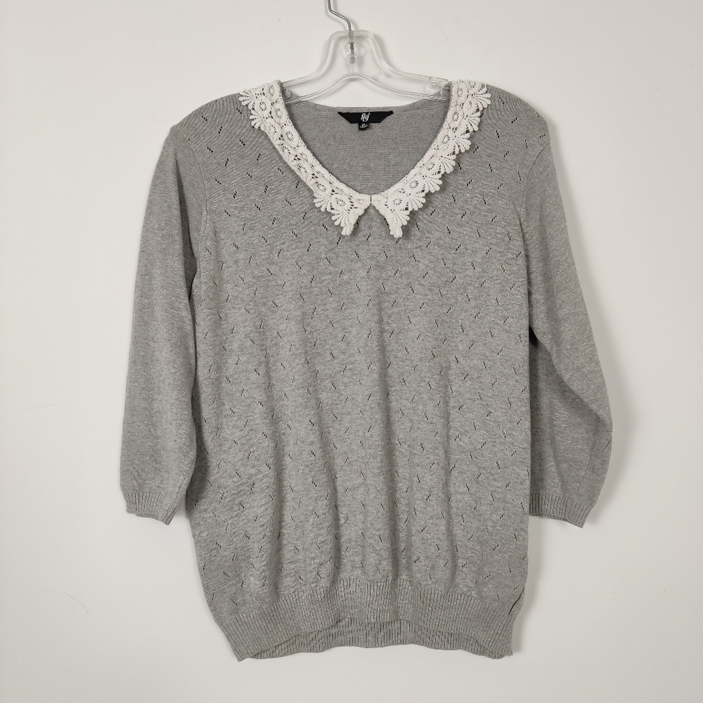 Fig Women's Gray Sweater with Lace Collar Size XL Eyelet Bohemian Feminine